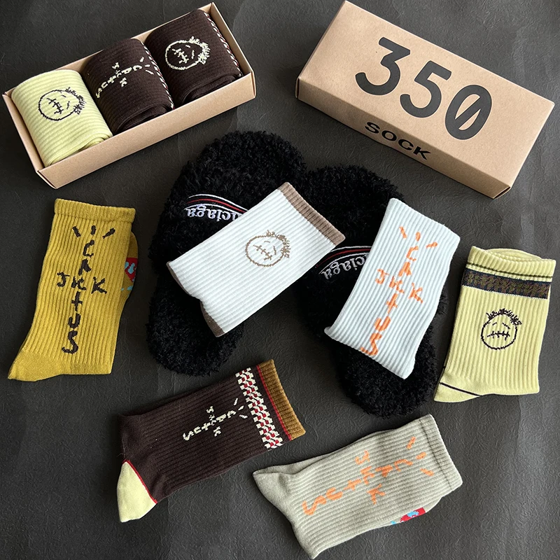 Herrensocken 3 Paar/Box Cactus Jack Socken Baumwolle Sport Hip Hop Basketball Skateboard Braun/Gelb Sockken Großhandel Herren Geschenk – Detail 1