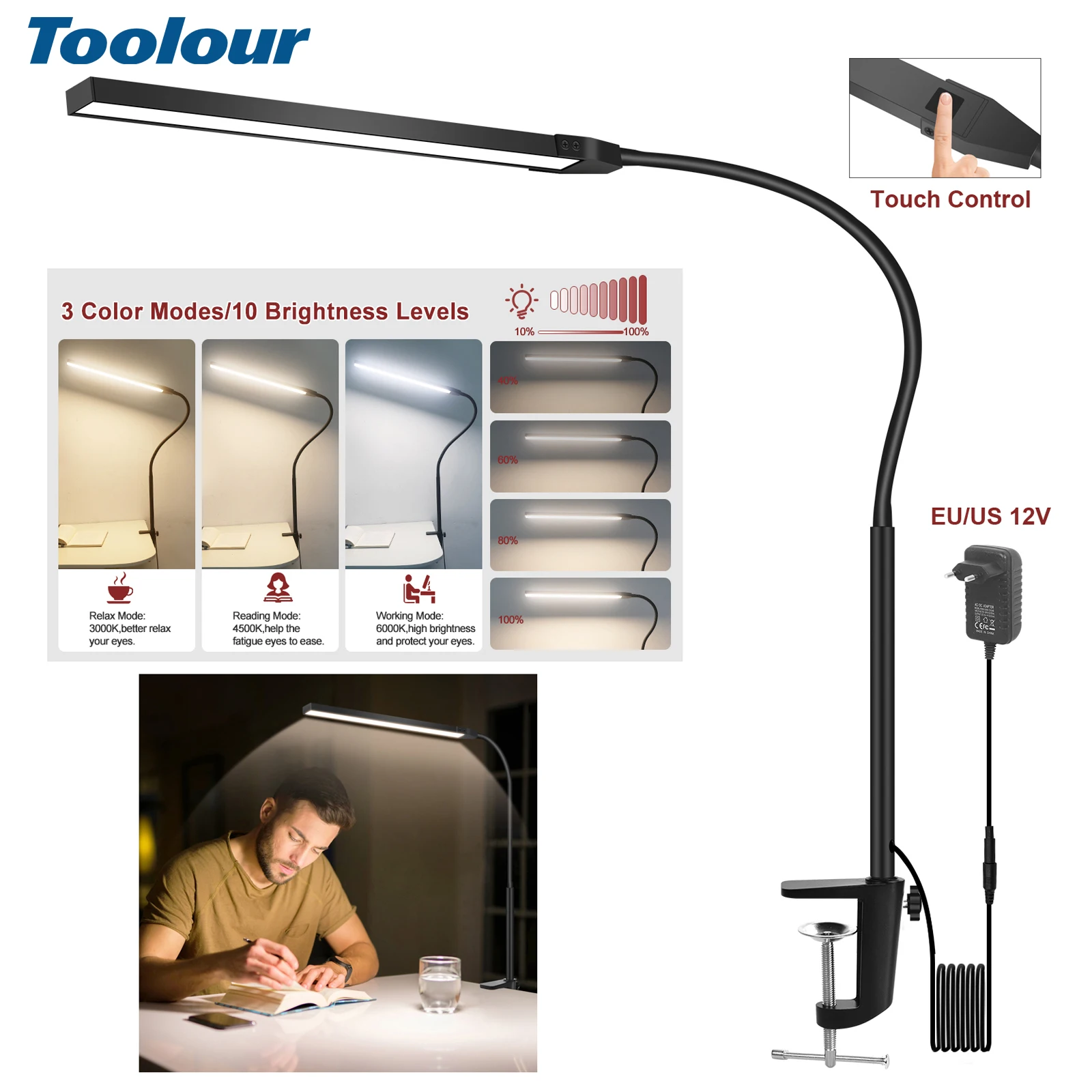 

Toolour EU/US Plug 12V Clip LED Desk Lamp with 3 Color Modes 10 Brightness 360° Gooseneck Powered Reading Light for Office Study