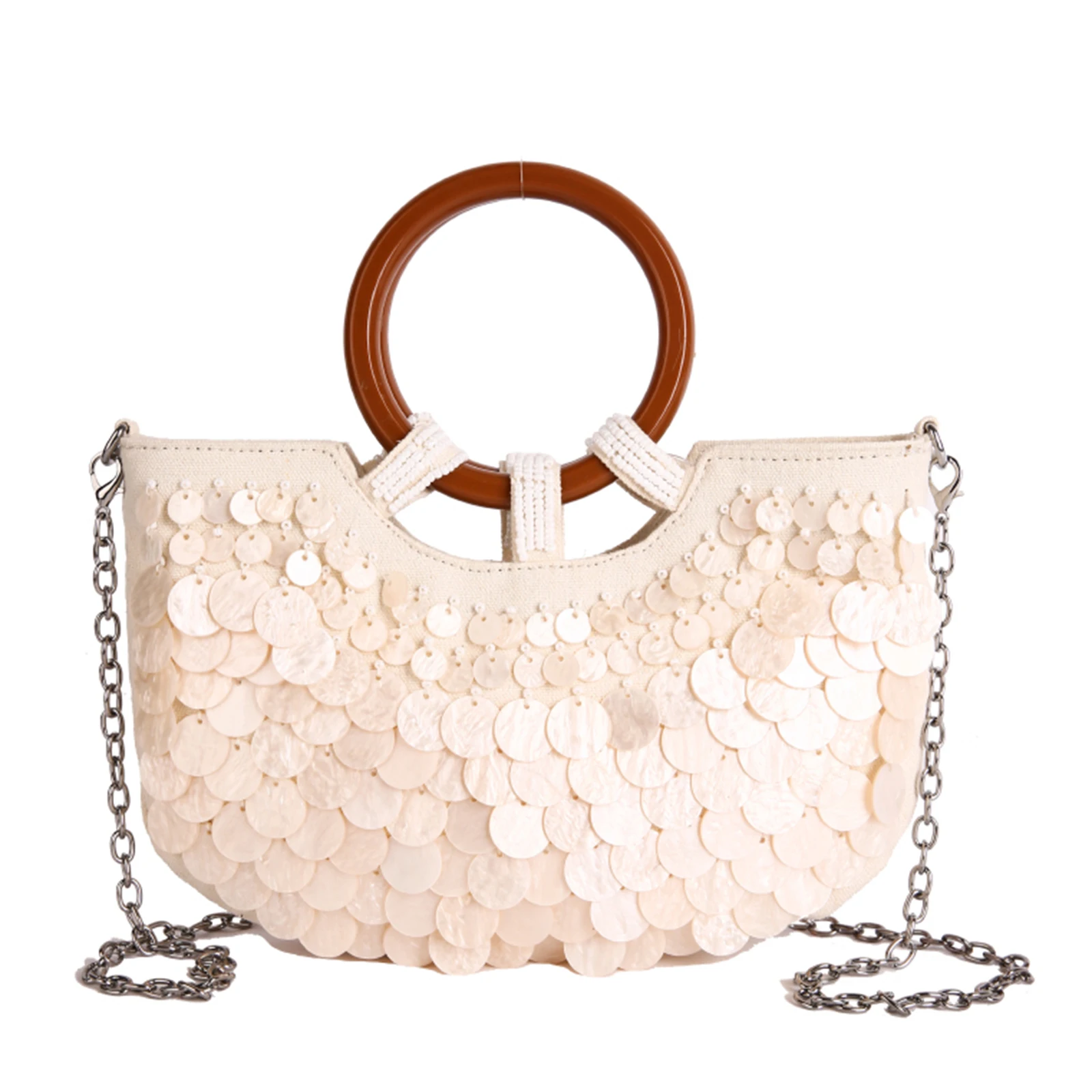 

Commuting Handbag Lightweight Handmade Natural Seashell Purse with Handle Detachable Shoulder Strap for Women Daily Use