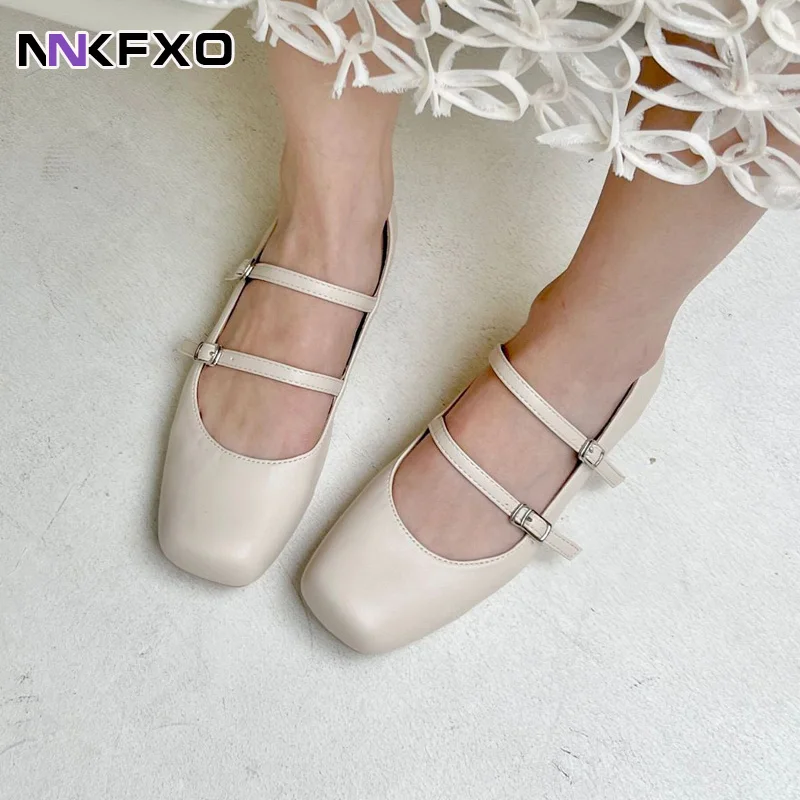 2023 New Autumn Women's Flat Heels Fashion Gentle Square Toe Shallow Women's Mary Jane Single Shoe