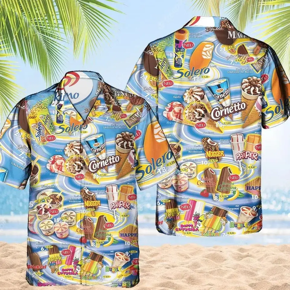 3D Printed 80s 90s Vintage Ice Cream Graphic Beach Shirts For Men Casual Short Sleeve Hawaii Shirts Tops Mens Designer Shirt