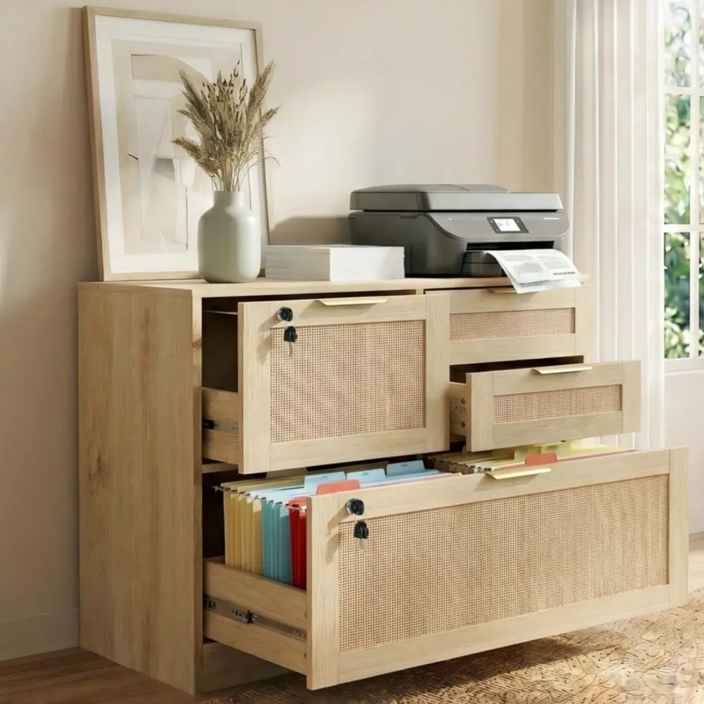 

Wooden Rattan File Cabinet with Lock, Suitable for Home, Office, and School, Holds Files A4/Letter/Legal Size