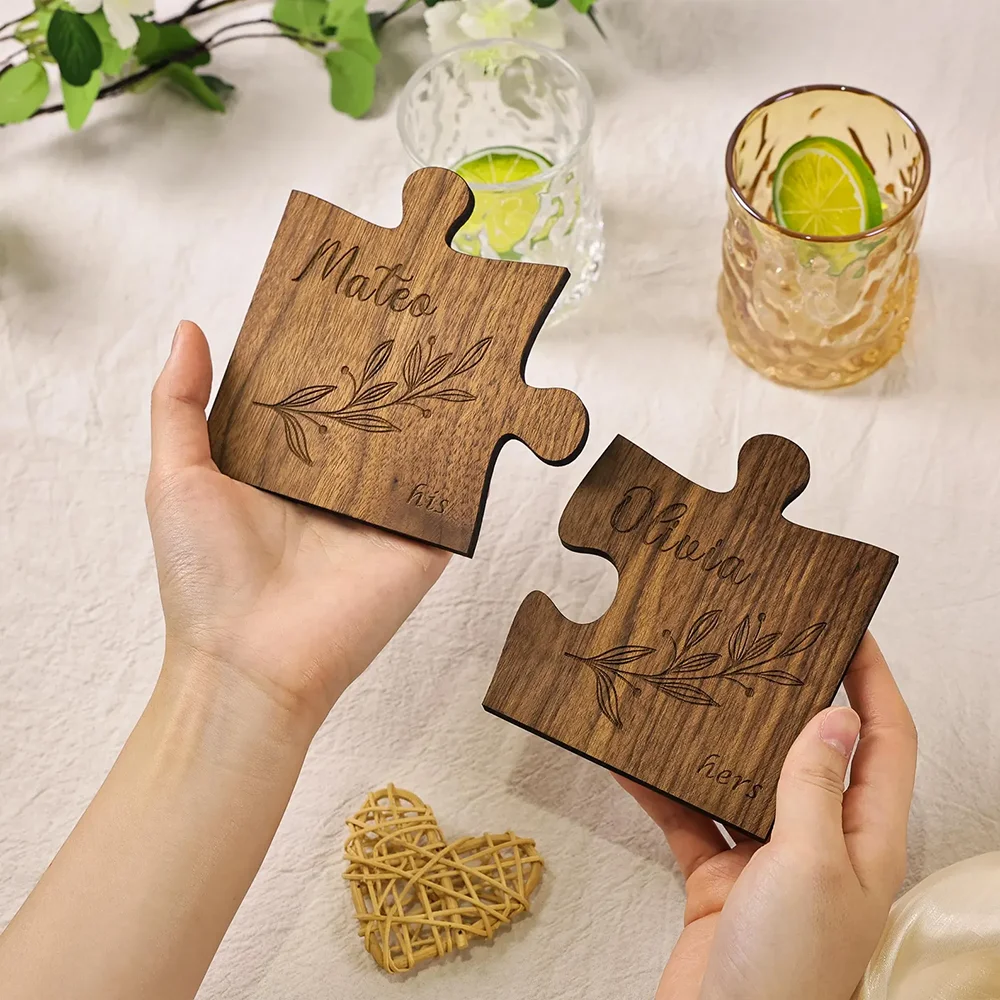 

Custom Wooden Puzzle Couple Coaster Set Leaf Design Anniversary Wedding Gift His Her Coasters Mr Mrs Accessories Newlyweds Gifts