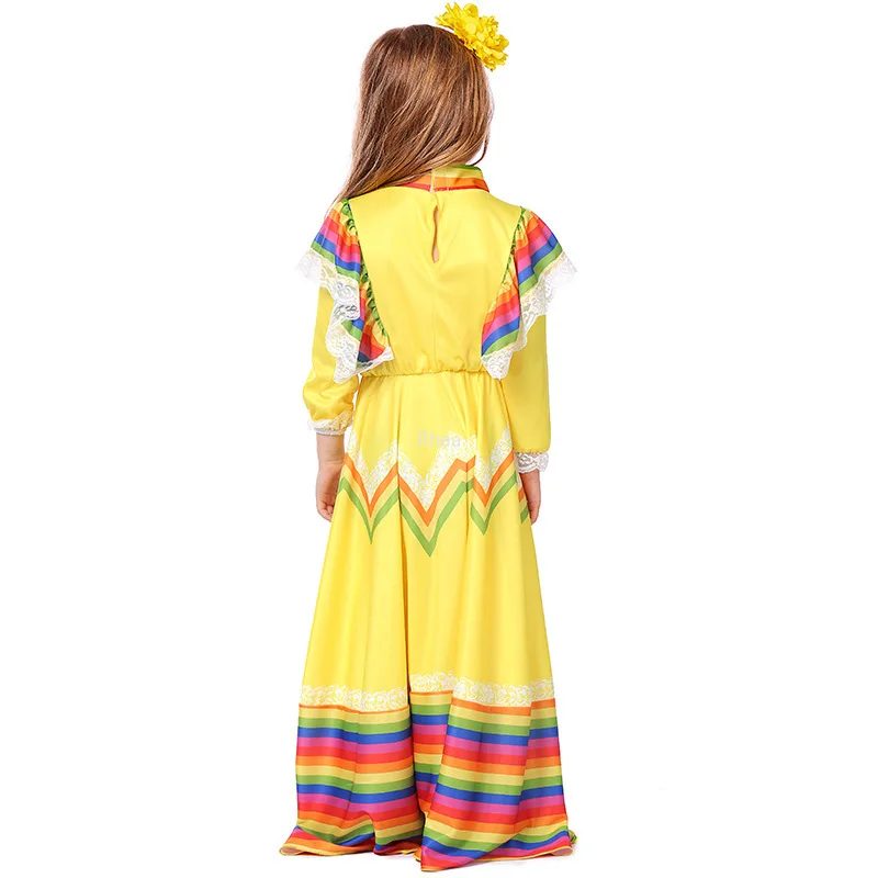 Girls Traditional Folk Mexican Cosplay Dress Halloween Costume Kids Mexico Carnival Birthday Party Fancy Flamenco Dance Skirt