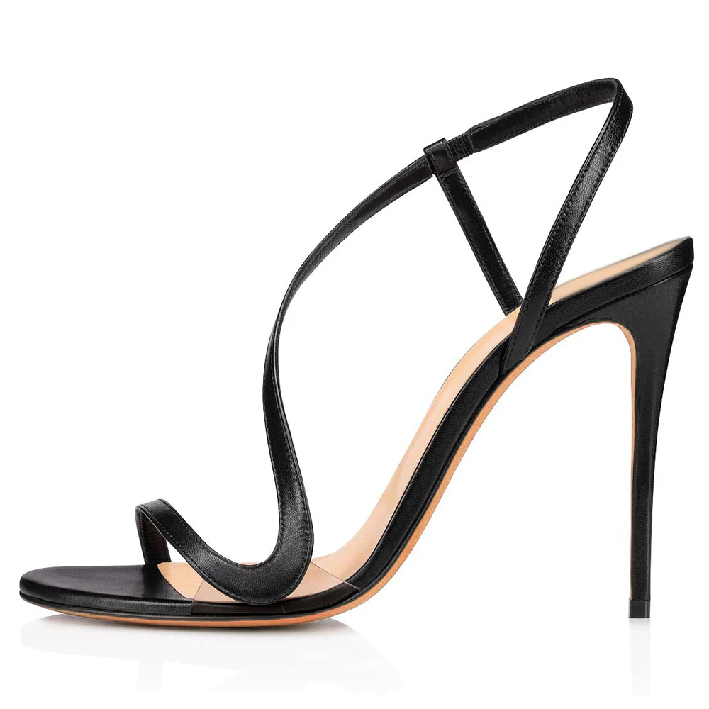 Fashion Black Nude Leather Slip On Summer Sandal Shoes Thin High Heel Strappy Stiletto Heels Female Party Shoes