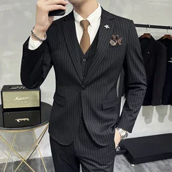 2023 men's suit striped slim wedding dress suit 3-piece suit men's business casual classic fashion tuxedo (suit+vest+pants)M-4XL