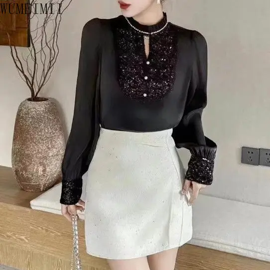 sequined shirt women's high-end sense of light luxury  2025 spring new design sense slim top  blusa mujer