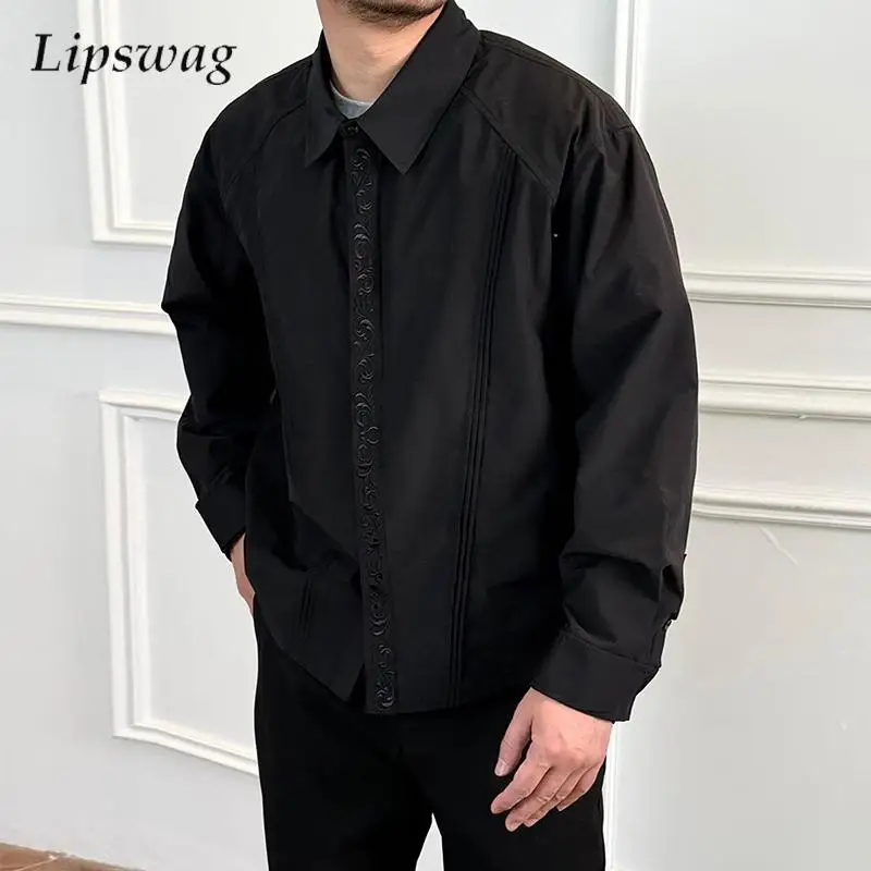 

Fashionable Florals Embroidery Design Shirt Men Fall New Casual Solid Color Long Sleeve Shirts Vintage Men's Button Lapel Shirts
