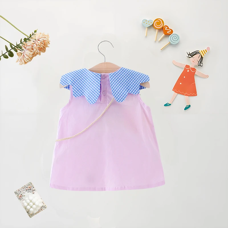 Summer Baby Girl Dress+Bag 2 Pcs  Baby Girl Plaid Big Collar Solid Color Dress Cute Loose Cotton Comfortable Sleeveless Dress