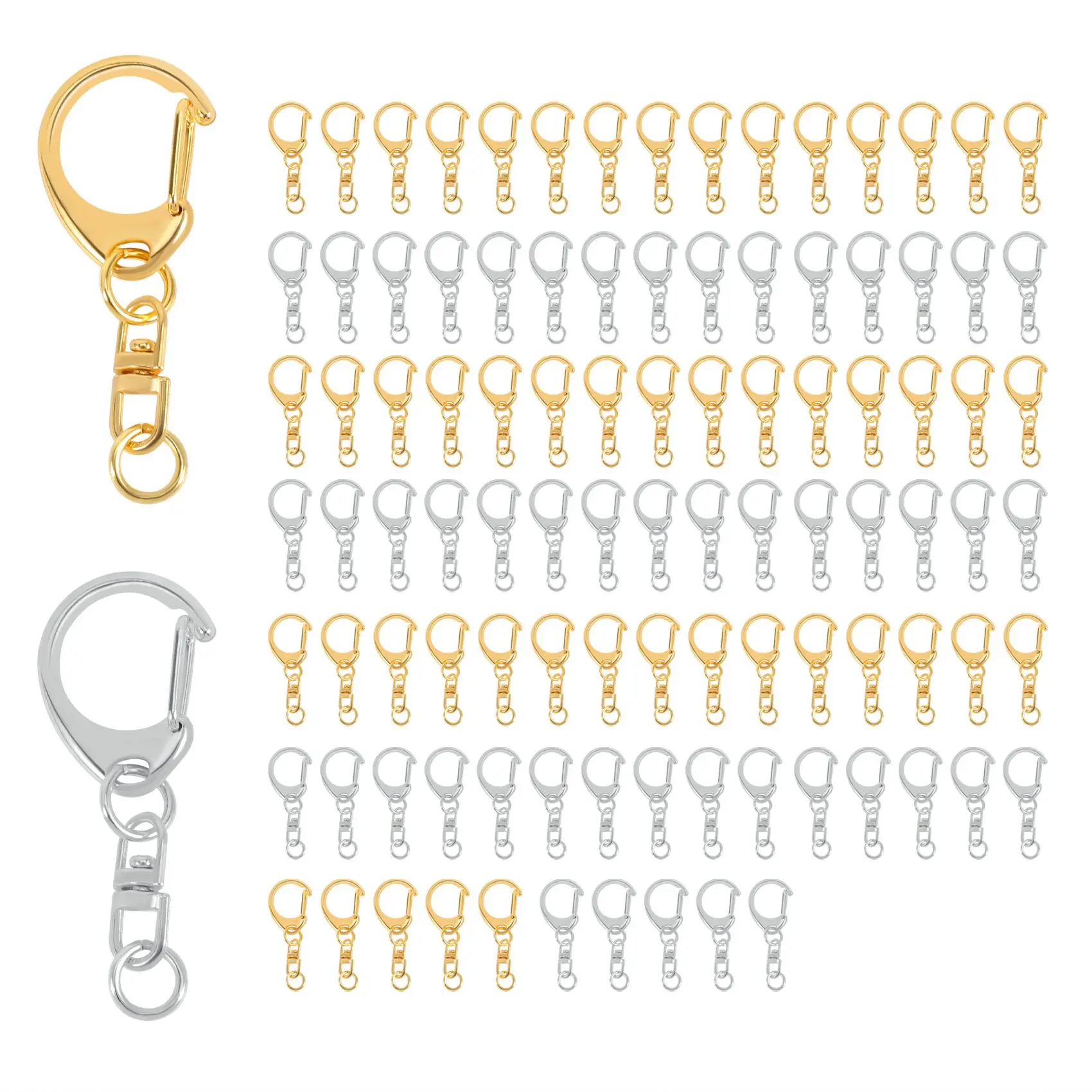 Qualitative 100 Piece D Hook Keychain Hardware with Jump Rings, Metal Split Key Ring Clips with Chain for Craft Charm Making DIY