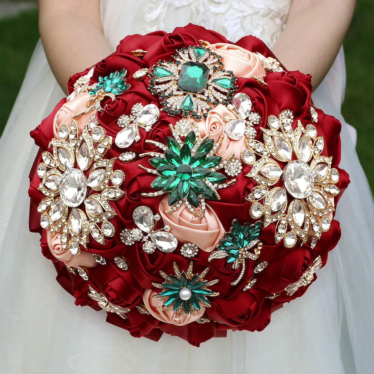 Dark red bride simulation Rose Hand bouquet Luxury rhinestone emerald Ribbon Immortalized Bridesmaid bouquet Wedding supplies108