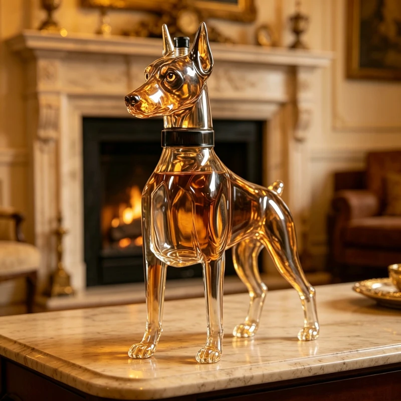 Doberman Shaped Glass Whiskey Decanter Lead-Free Crystal Liquor Dispenser for Wine, Bourbon, Vodka, Home Bar Decor & Unique Gift