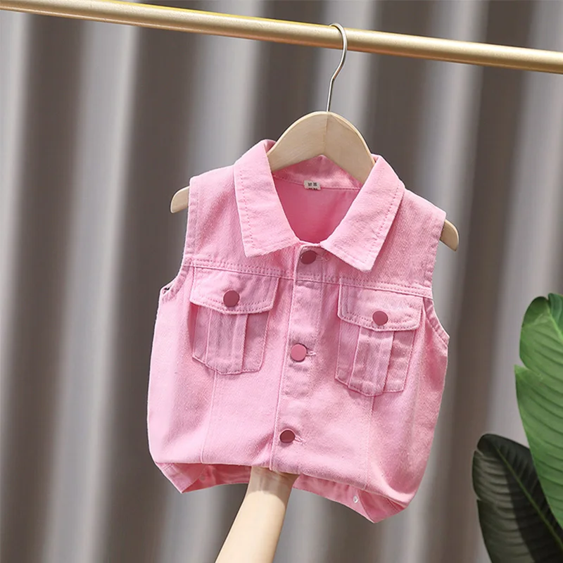 2024 Spring and Autumn Girls Fashion Embroidery Pan Button Lapel Button Pocket Denim Vest Coat Children\'s Clothing 1-8y