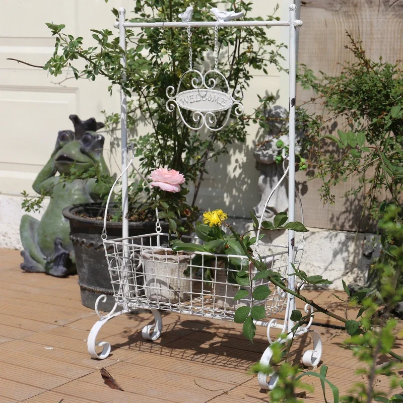 European Style White Flower Rack Wrought Iron Do Old Flower Basket for Garden Balcony Floor Welcome Sign Shop Window Plant Stand