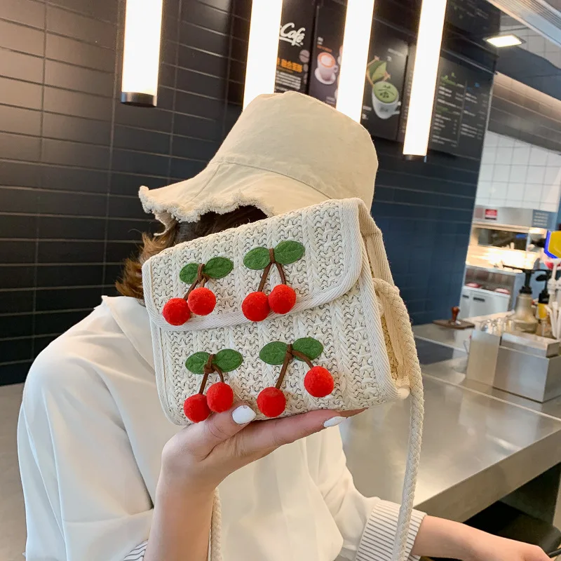 

Новинки весны и лета - маленькие квадратные сумки из соломки в японском и корейском стиле, женские сумки через плечо с вишневым принтом.