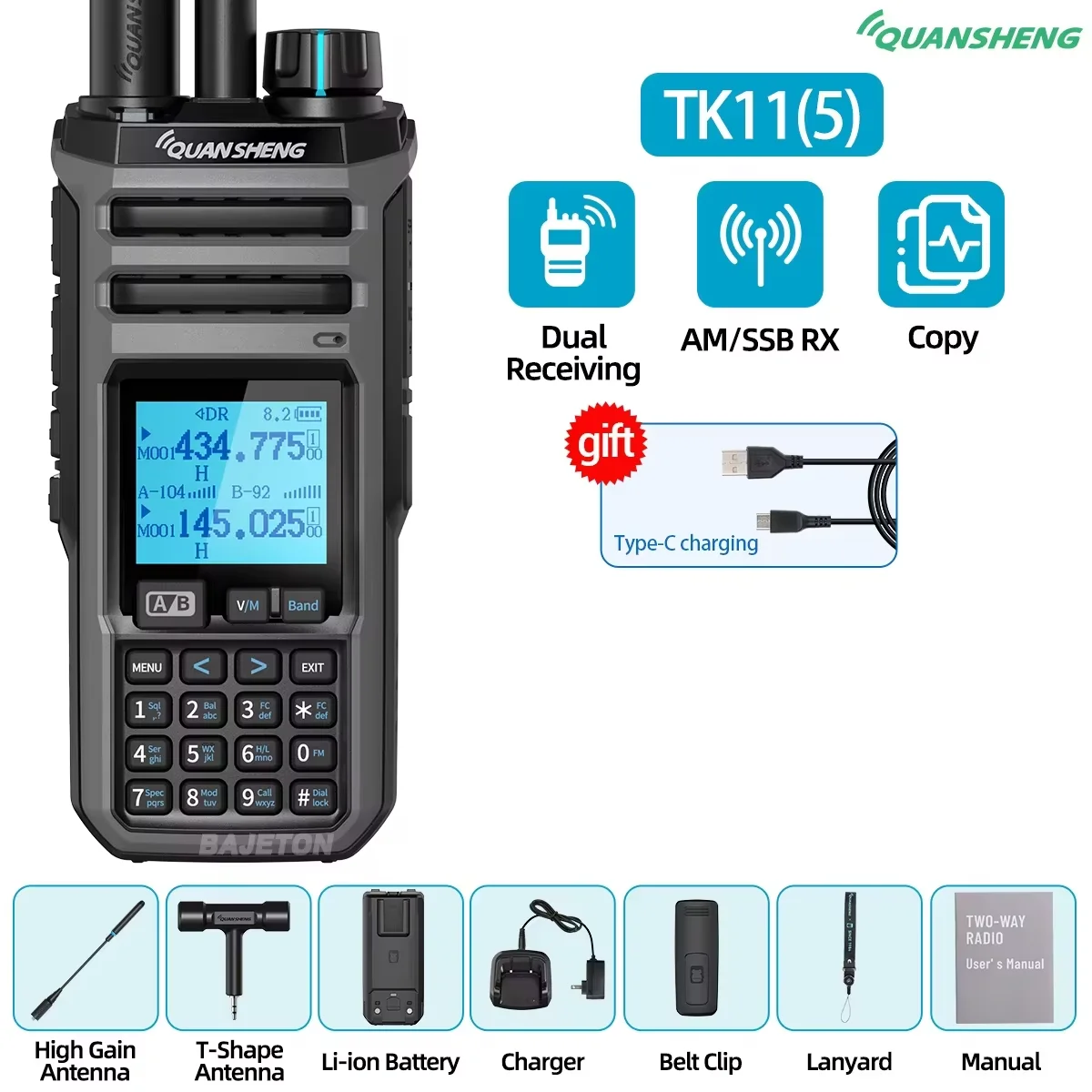 Quansheng TK11 8 Walkie Talkie Ham Radio 10W Dual Ontvangst PTT 27MHz CB CW LSB LW MW SW Type-C Oplader NOAA voor UV-K5 8 TK-11 5