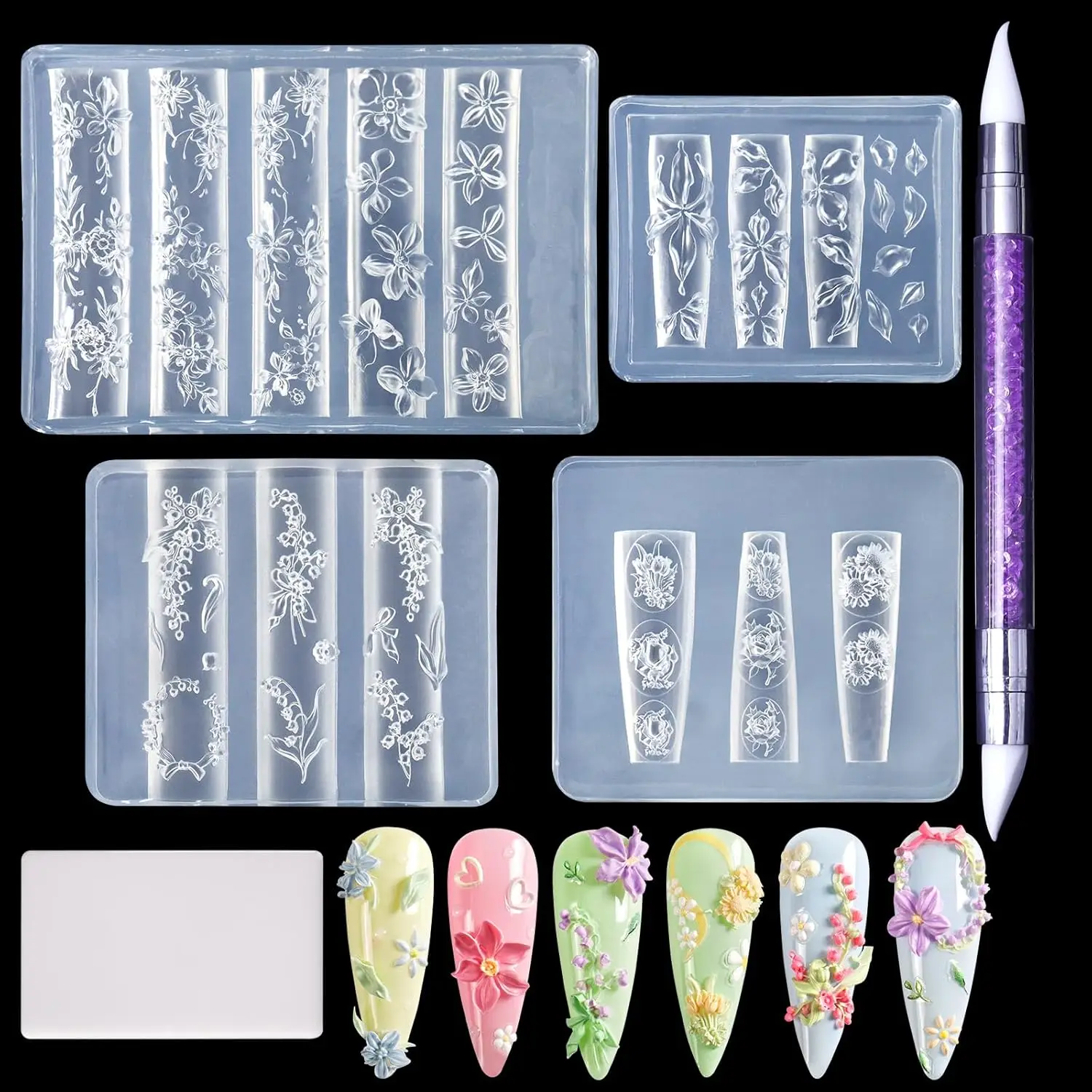 

4pcs Silicone Nail Art Molds, 3D Flower Nail Charms Templates with Carving Pen for Salon DIY Design