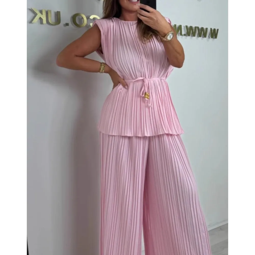 

Elegant Fashion Pleated Sleeveless Wide-leg Trousers 2-piece Set Women New Casual Loose Lace-up Top Trousers Office Suit Female