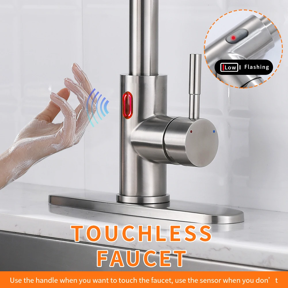 Imagem -04 - Torneira de Pia de Cozinha com Sensor de Movimento Inteligente Luz Led Touchless Pull Down Pulverizador Torneira de Cozinha Ativada Preto Fosco 1079