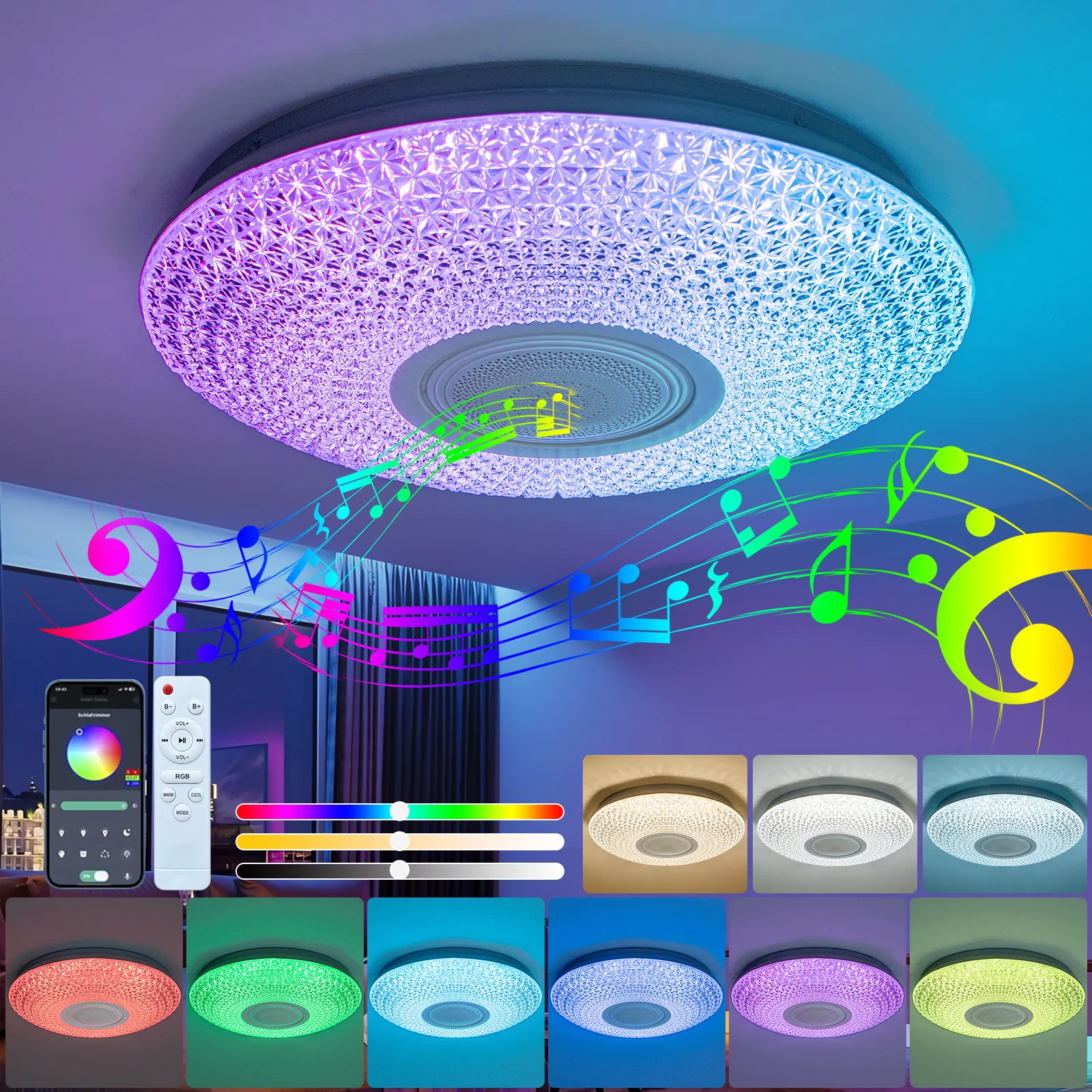 Lampada da soffitto a LED con cristalli e altoparlante wireless, lampada da soffitto RGB con controllo musicale, telecomando e app, lampade da soffitto per interni con funzione di regolazione