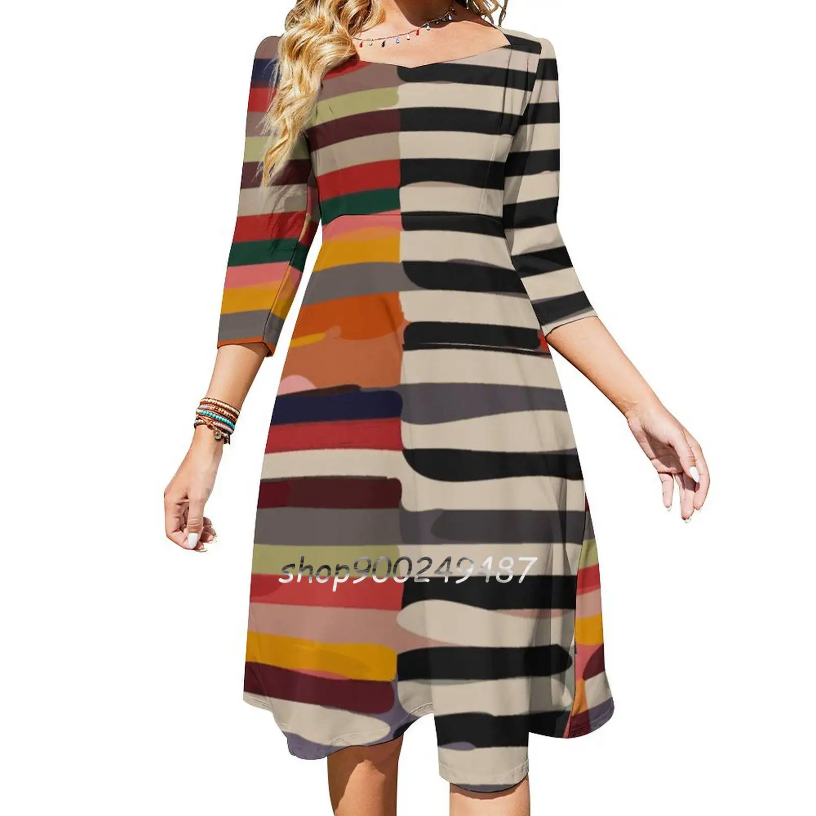 Etchnic Scandinavian Pattern Square Neck Dress New Plus Size Elegant Women Waist Tight Dress Texture Stripe Modern Optical