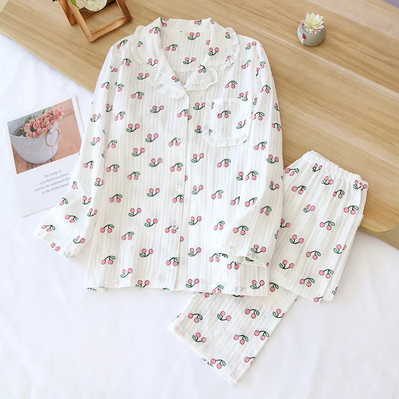 Women\'s Sweet Long Sleeves Pants Home Clothing Lace Lapel Pockets Printing Pajamas Loose and Casual Cotton Gauze Sleepwear