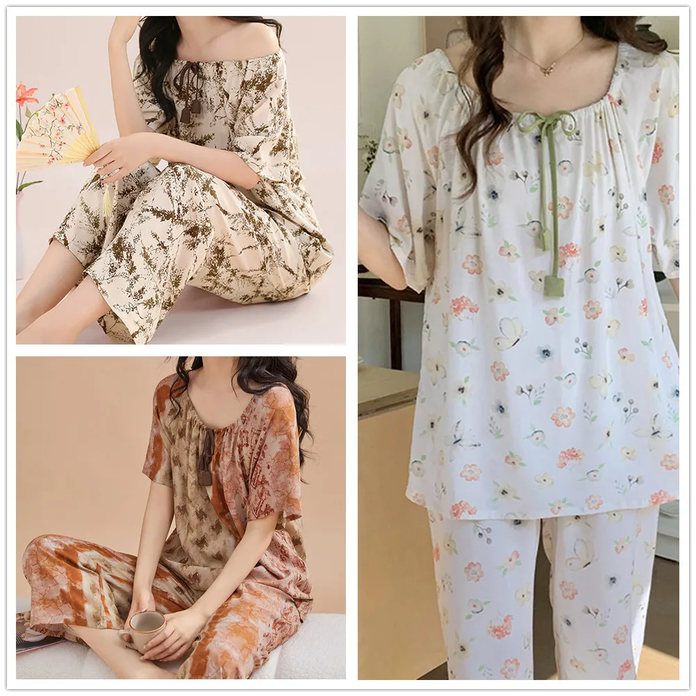 Summer Viscose Fashion Style Women Pajama Set Pullover Trousers Loose Comfortable Pyjama Suit