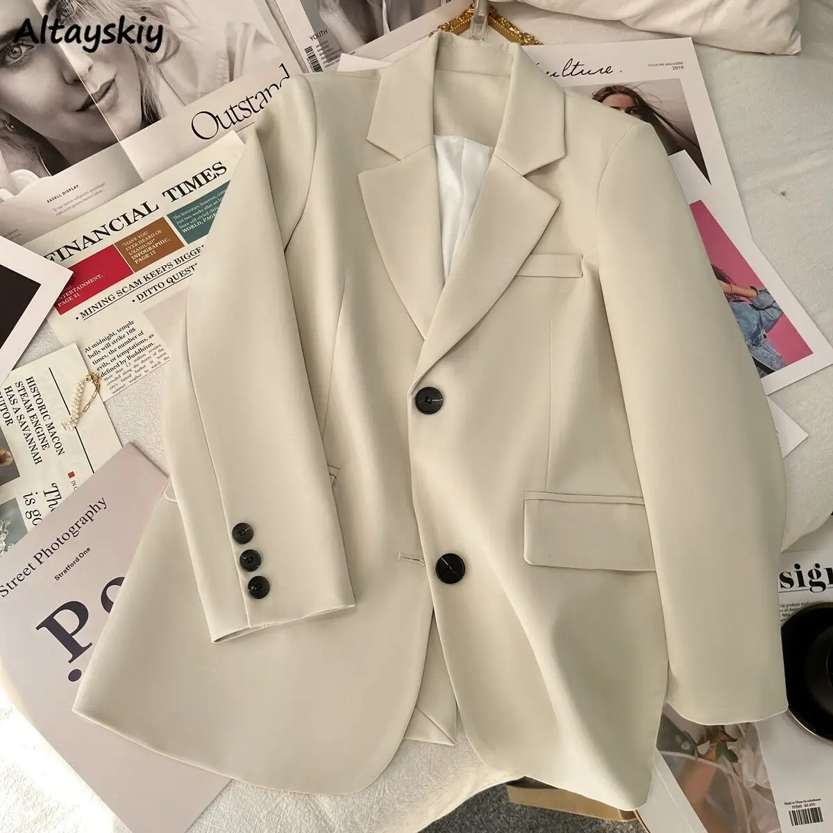 여성용 블레이저 카키색 봄 클래식 싱글 브레스티드 솔리드 심플 브리티시 스타일 오피스룩 출퇴근 레저 베이직 루즈 스타일리쉬