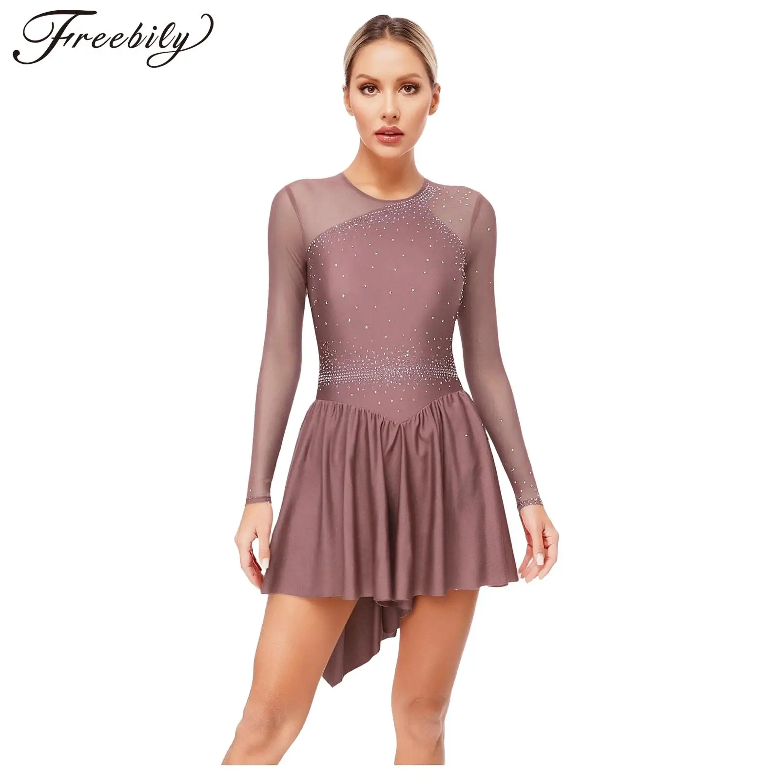 المرأة طويلة الأكمام فستان الباليه الشكل التزلج الملابس لامعة حجر الراين انقطاع الجمباز يوتار شبكة ملابس رقص غنائية #1