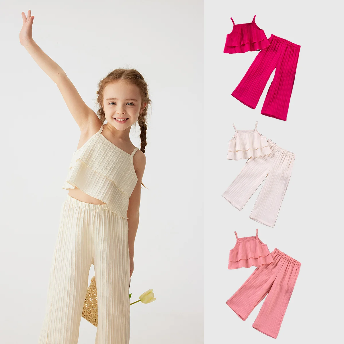 2pcs Summer Girl's Suit Solid Color Children's Clothes Wave Stripes Sweet Camisole Double Layer Top + Long Pants Cool Breathable