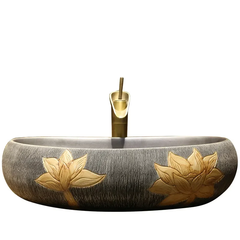 Jingdezhen Ceramic Art Basin Retro Chinese Style Washbasin Creative Household Bathroom Sink Decorative Table Top Lavatory