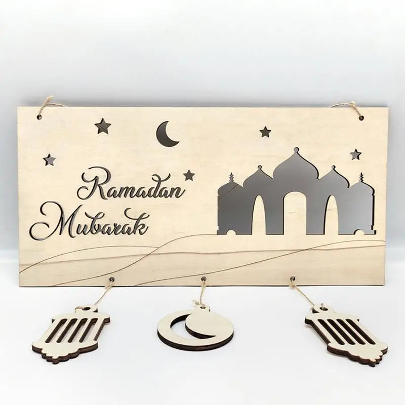 Eid-Pendentif Lune et Étoile en Bois, Signe de Porte Élégant, Décoration Artisanale pour la Maison, la Ferme et la Cuisine