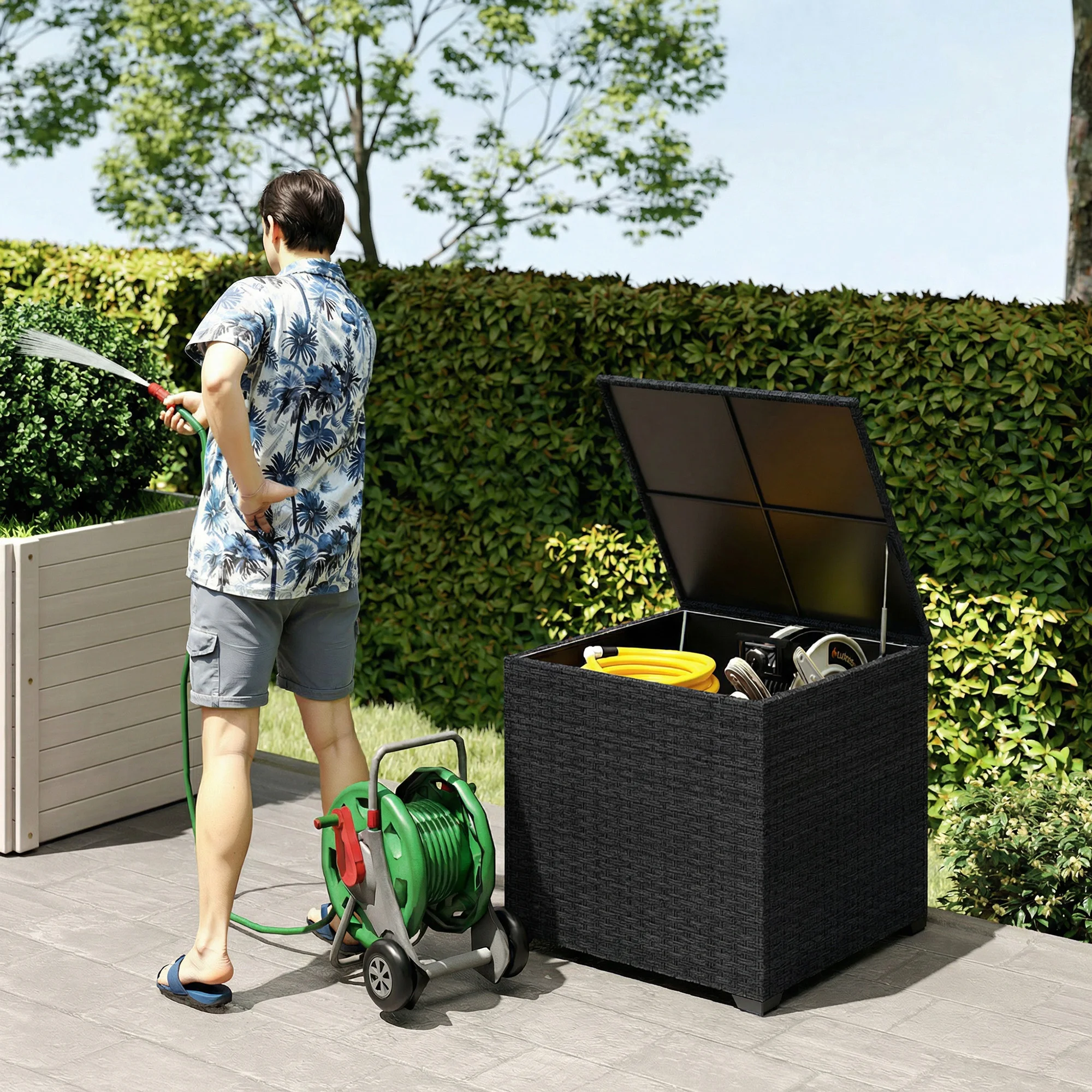 Outsunny Baúl de jardín de resina trenzada, baúl de almacenamiento exterior de 253 L, impermeable, con forro con cremallera, 72x72x70cm, negro