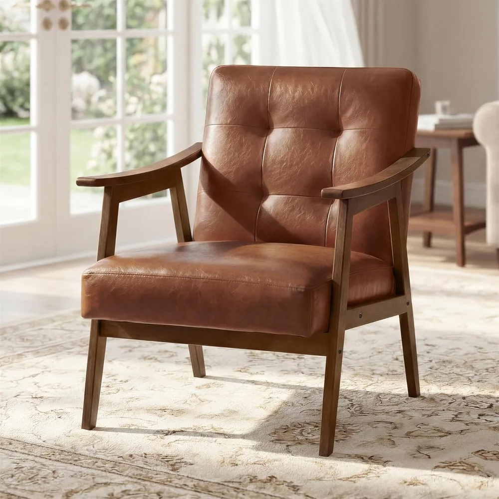 Mid Century Modern Button Tufted Accent Chair with Thick Cushion for Living Room, Bedroom, Home Office in Brown