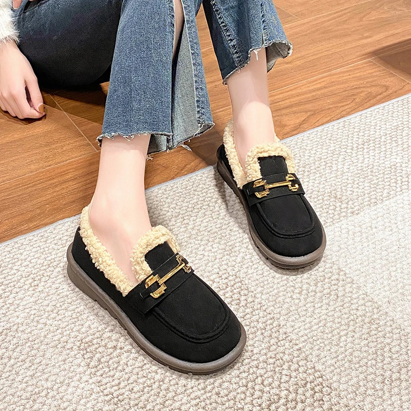 Płaskie buty damskie zimowe nowe okrągłe głowy matowe płytkie usta krótkie pluszowe mokasyny Casual Comfort antypoślizgowe ciepłe buty