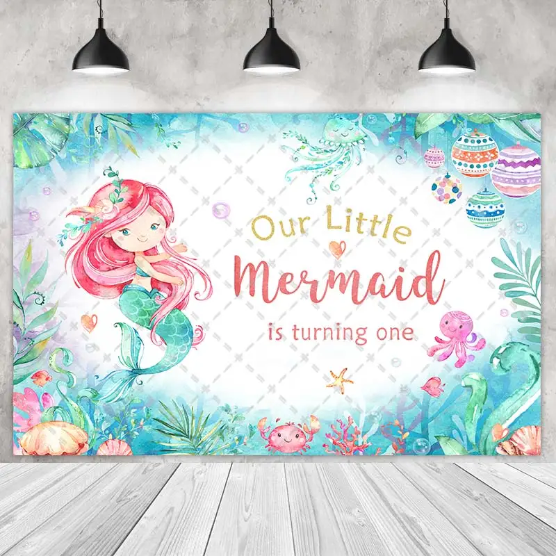 Under The Sea-Mermaid Party Backdrops Girl Birthday Photography Cake Smash Light Green Background Shoot Customize Name Photo