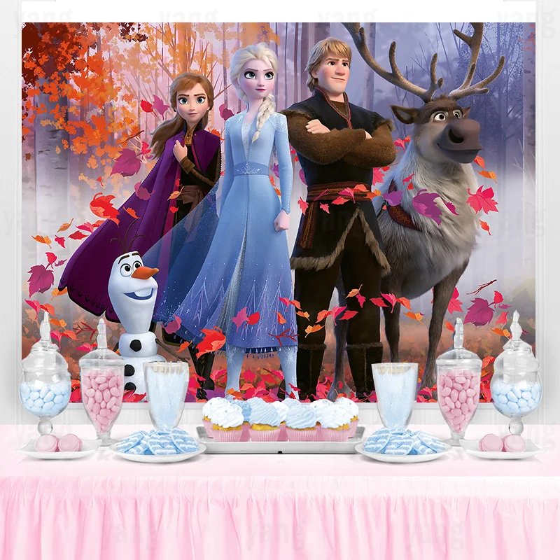 Disney Princess Cartoon Frozen Anna Elsa Red Forest Girls Party Decoration Photography Backdrop Custom Birthday Photo Background