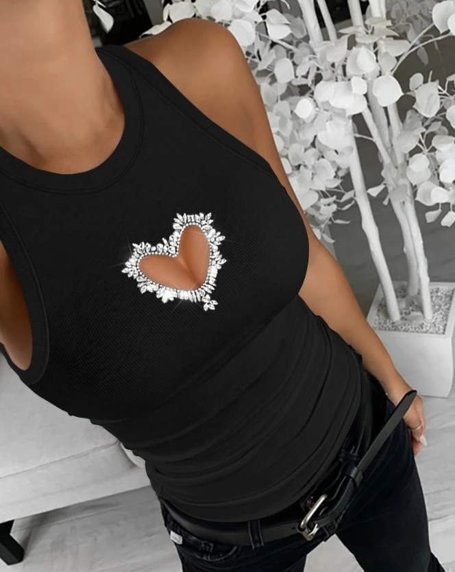 New Style 2024 Spring Summer Women Top Round Neck Sleeveless Hollow Heart Rhinestone Tank Temperament Commuting Skinny Top