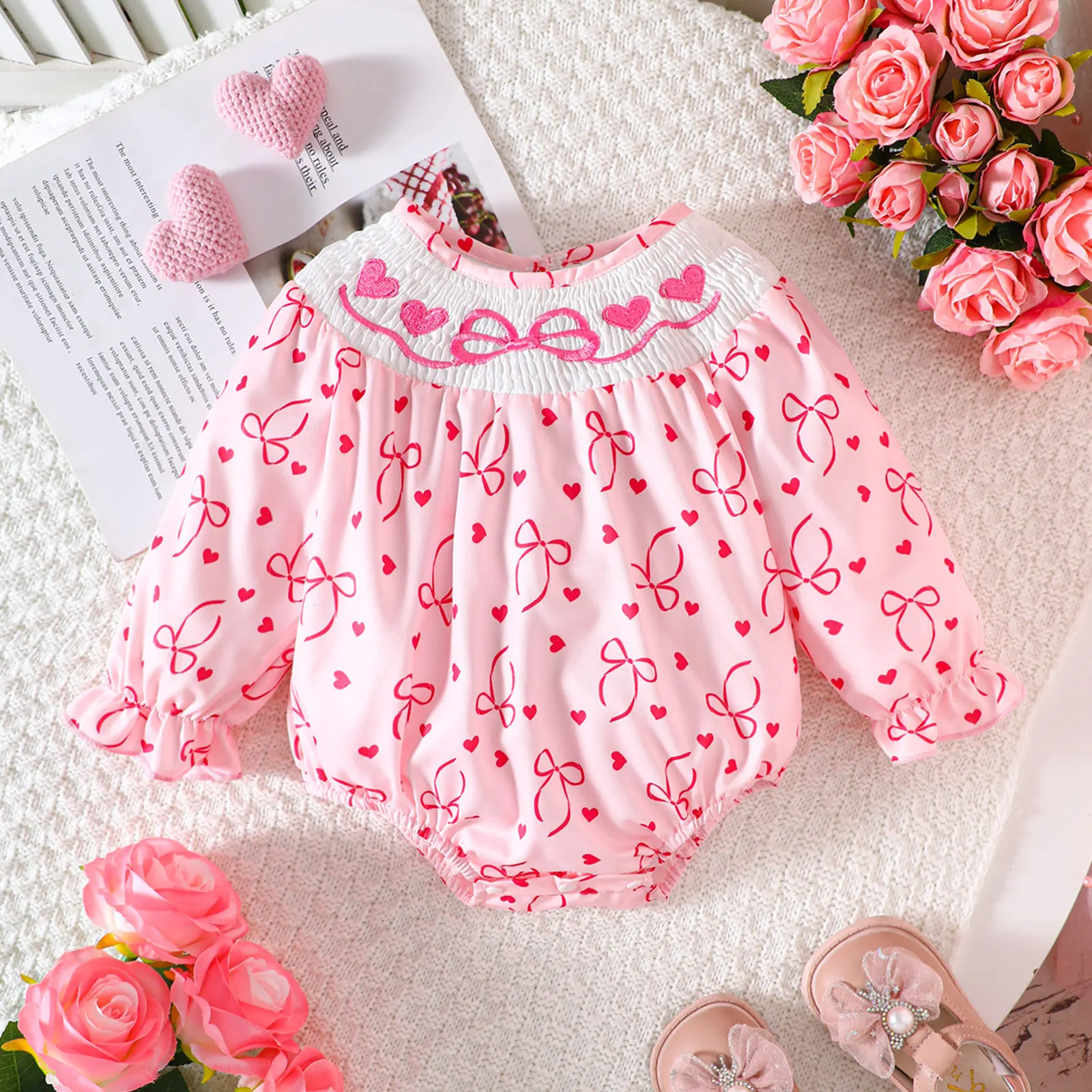 Newborn Baby Girl Cute Romper Heart/Bow Embroidery Bubble Long Sleeves Round Neck Newborn Jumpsuit for Toddlers Infants Clothes