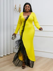 Curvy Ladies Plus Size Yellow Party Dresses Long Sleeve V Neck Tulle Patchwork Sheath Ankle Length Birthday Event Gowns 3XL 4XL