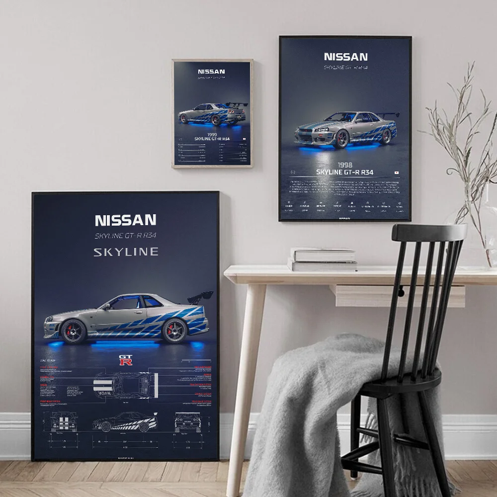 Luxury Super Sport Car R34 GTR 240sx Classic Vintage Posters Decoracion Painting Wall Art White Kraft Paper Kawaii Room Decor