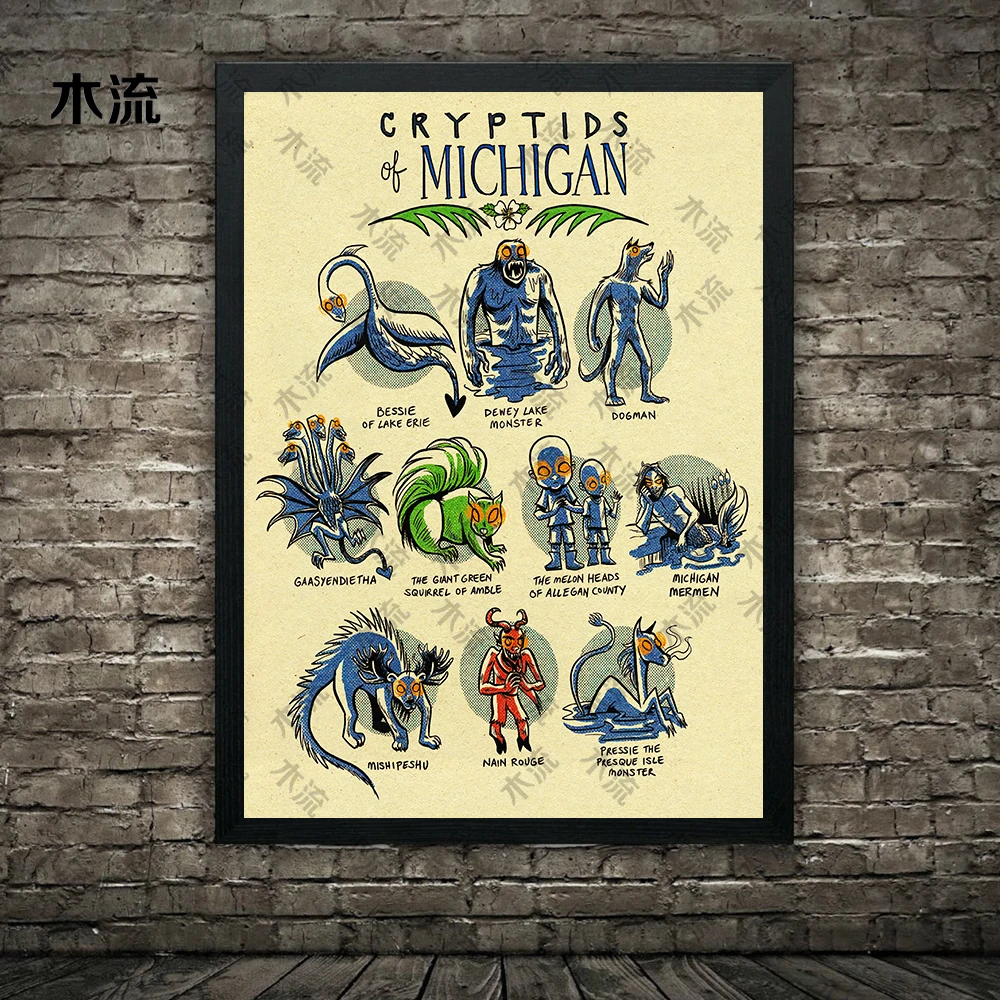 كريبتيدز ماين، ماريلاند وميشيغان، لوحة فنية جدارية عتيقة على القماش، رجل الماعز، قطة الشيطان، دوبور شيطان، طباعة ملصق فني قوطي