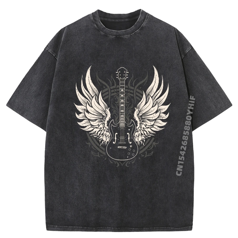 

Guitar Wings Vintage Retro Graphic Tee Shirt Mens Oversized Washed T-Shirt Big And Tall Printed Clothes