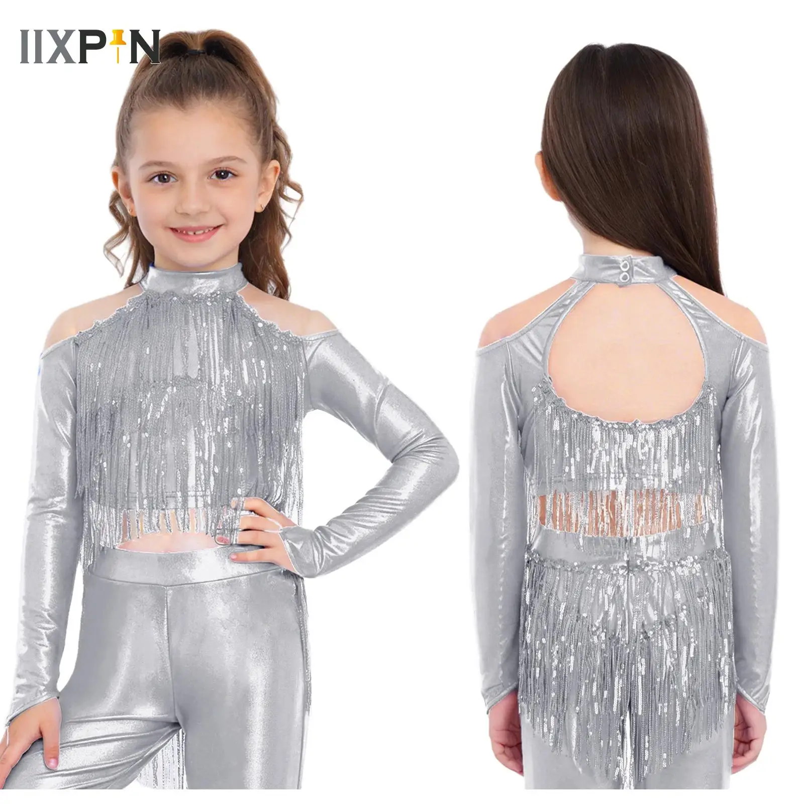 

Girls Metallic Shiny Disco Dance Party Outfits Tassel Streetwear Children Sequined Jazz Dance Costume Stage Performance Crop Top