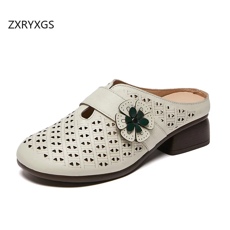 

ZXRYXGS женские модные тапочки премиум-класса из воловьей кожи с круглым носком, новинка 2025, летние уличные тапочки, женские сандалии на среднем каблуке