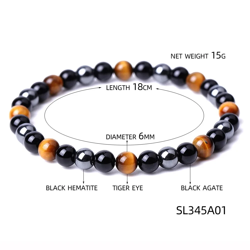 10pcs 6MM 8MM Triple Protection Hematite Bracelet Bring Luck Natural Tiger Eye Stone Black Beads Women Men Cross Bracelets