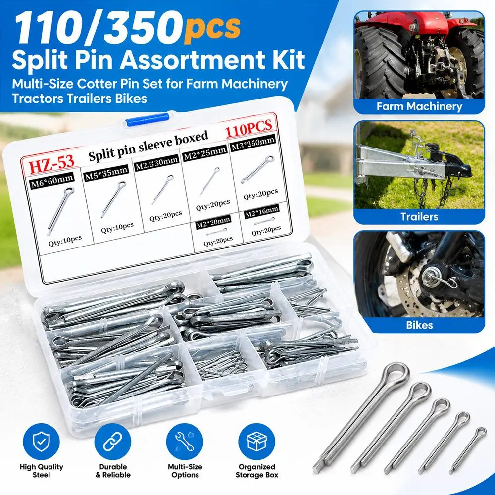 110/350Pcs New Carbon Steel Split Pin Silver Tone Boxed Assortment Fastener Assortment Durable Multi-Size Pin Set Farm Machinery