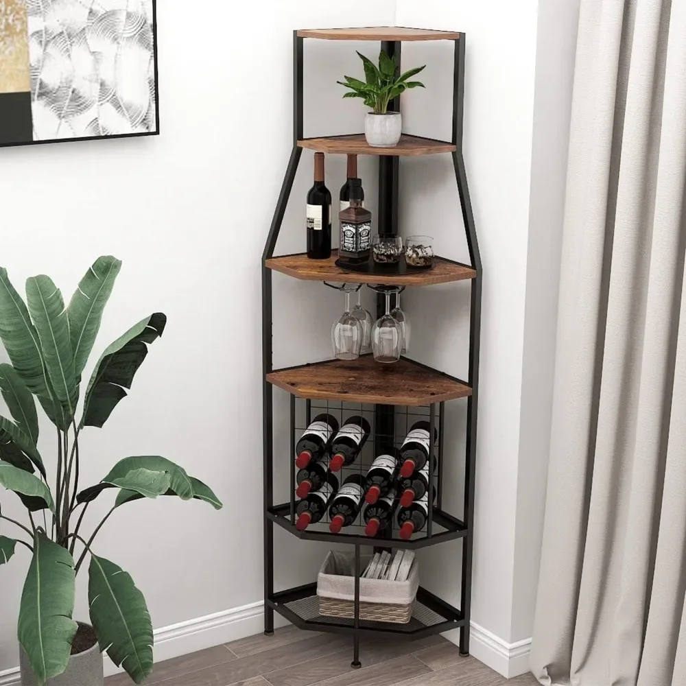 5-Tier Corner Wine Rack Freestanding Floor with Glass Holder and Bottles Storage Home Bar Industrial Metal and Wooden Shelf