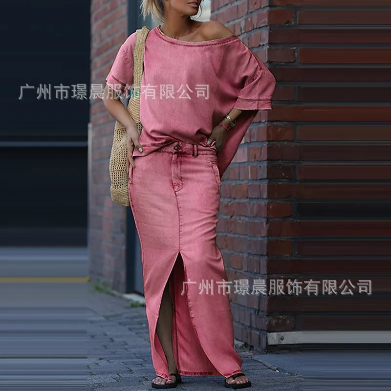 المرأة الربيع الصيف جديد 2 قطعة مجموعة بلون موضة قصيرة الأكمام بلوزات سبليت تنورة فستان أنيق الزي Conjuntos Femininos