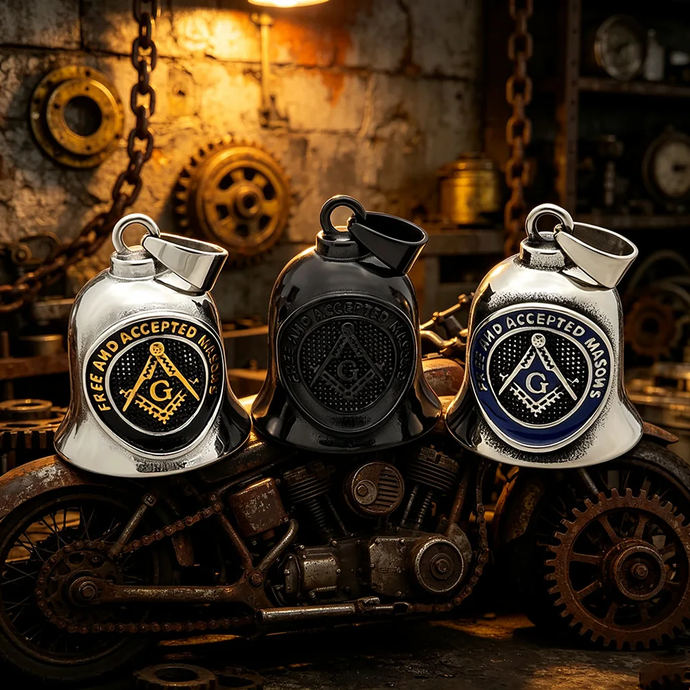 Masonic Symbol Motorcycle Bell Pendant Biker Hanging Ornament Enamel Alloy Bell Charm for Motorcycle Accessory Gift